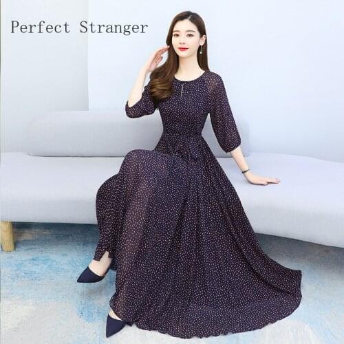 2021 Spring Summer New Arrival Hot Sale Round Collar Three-quarter Sleeve Dots Printed Women Long Chiffon Dress