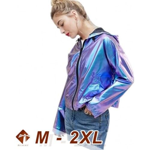 2021 Waterproof Hooded Jacket Large size Womens Oversize Casual Bomber Coat Colorful Metal Color Loose Zipper Long Sleeve Tops