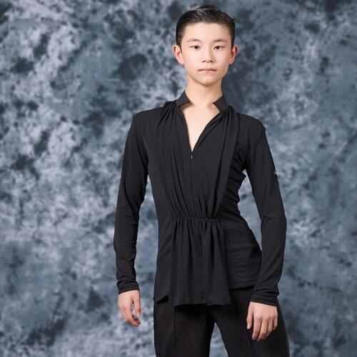 Boys Latin Dance Costume Black Long Sleeve Practice Shirt Ballroom Dance Competition Clothes Kids Samba Stage Dance Tops DQL2728