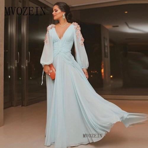 Elegant Light Blue Long Evening Dresses Chiffon Full Sleeves Evening Dress A-Line Party Dress Floor Length Formal Gowns