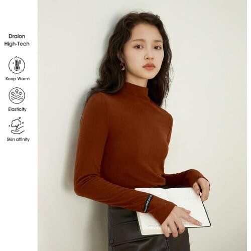 INMAN Autumn Winter Top women Pure Color Elastic Cloth Slim Simple Turtleneck Coffee Red Color Casual Long Sleeve T-Shirt