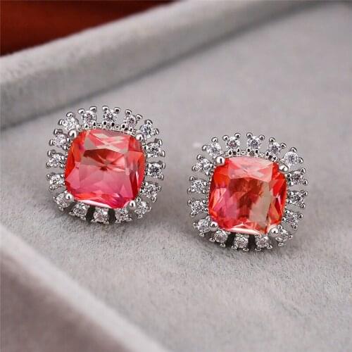 Dainty Square Zircon Flower Stud Earrings Vintage Female Rainbow Crystal Small Earrings Rose Gold Silver Color Wedding Earrings