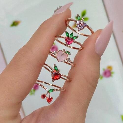 High Quality Cute Grape Cherry Crystal Ring For Women Girls Fashion Rhinestone Fruit Shaped Finger Jewelry Party Gifts