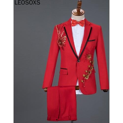 Three Pieces Set Suits Mens Singers Perform Stage Show Sequins Embroidered Flower Red Blue Pink Wedding Suit Costume Homme