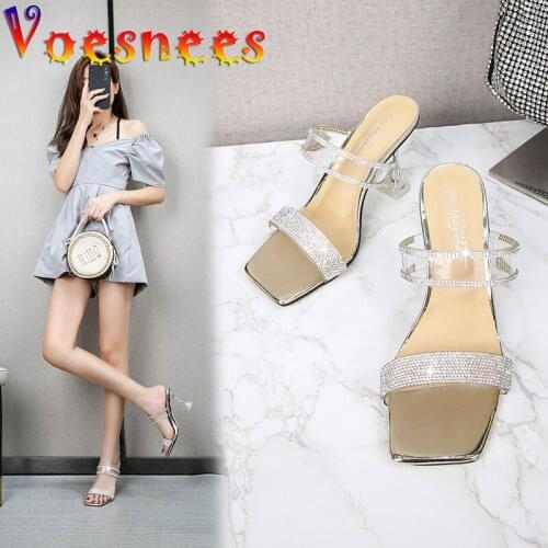 Summer 9CM Transparent Bright Diamond Sandals 2021 Fashion PVC Square Toe Lady High-Heeled Shoes Shiny Gold And Silver Slippers