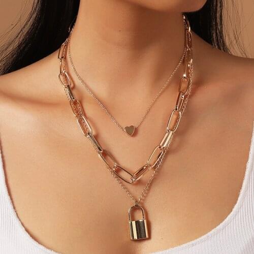 Hip Hop Statement Multi Layers Chain Necklace With Heart Lock Women/men Punk Rock Padlock Pendant Necklace Goth Jewelry