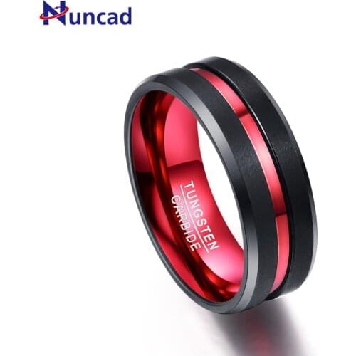 NUNCAD New Hot Sell Mens 8MM Black and Red Tungsten Carbide Ring Matte Finish Beveled Edges Size 7 To 16 AAA Quality Jewelry