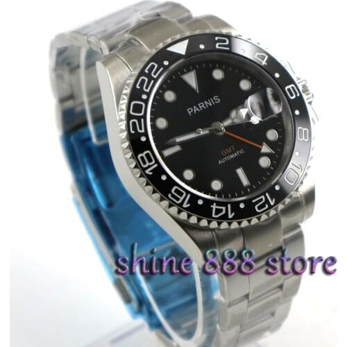 Parnis 40mm black dial Orange GMT hands Ceramic Bezel sapphire glass automatic mens watch