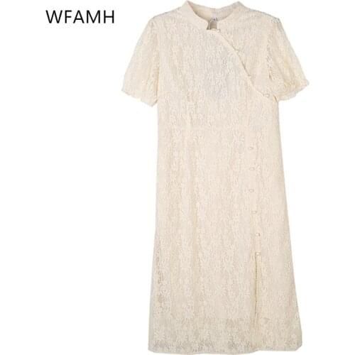 Cheongsam Improved Dress 2021 Summer New Large Size Womens Lantern Sleeve Temperament Retro Slim Slit Lace Long Skirt zipper