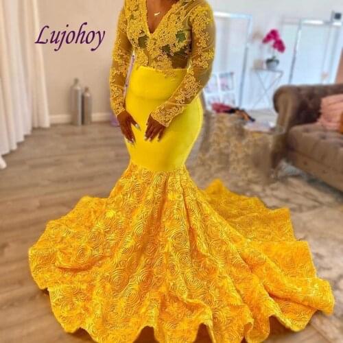 Yellow Long Sleeve Lace Evening Dresses Party Mermaid Flowers Sexy Plus Size Women Ladies Girl Prom Formal Evening Gowns Dresses