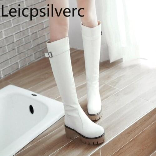 Womens Boots Autumn And Winter New fashion Round head zipper belt bucke High heel High tube Womens shoes size 34-43 8cm high