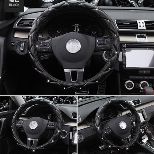 Women Fashion PU Leather Car Steering Wheel Covers Diamond Black Pink Auto Steering-Covers Cases for Lady Girls Car Accessories