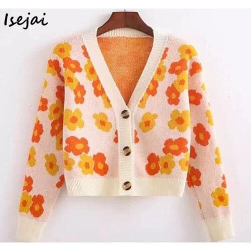 Flower Knitted Cardigans Women Sweater V Neck Elegant Thick Short Casual Coat Loose Cardigans Preppy Style