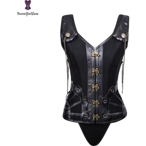 Steampunk Schulter Corset Overbust Korset Spiral Steel Boned Gothic Korse Solid Black Bustier Gorset Metal Chain Korsett Women