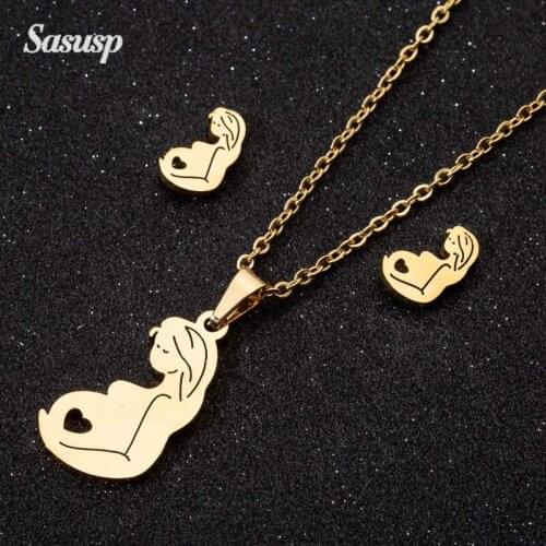 Sasusp Elegant Mom and Baby Stainless Steel Sets For Women Necklace Earrings Jewelry Set Mothers Day Gift
