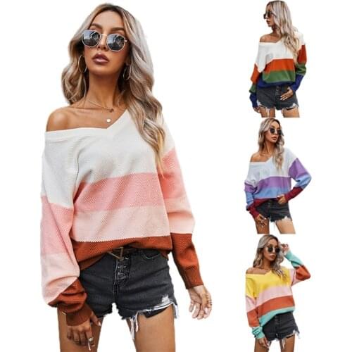 Women Autumn Long Sleeve Knitted Sweater Sexy V-Neck Drop Shoulder Pullover Tops Classic Color Block Stripes Casual Loose Jumper