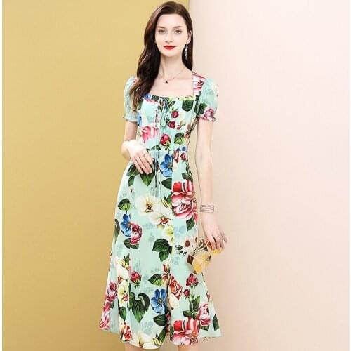 Customize Made Women Summer New Fashion Casual Plus size 3XS-10XL Retro Vintage Flower Print Long Midi Trumpet / Mermaid Dress