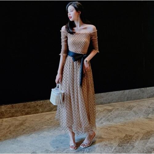 Summer Designer Runway High Quality Dresses Half Sleeve Self Portrait Party Dress Women Slash Neck Sexy Polka Dot Mesh Dress