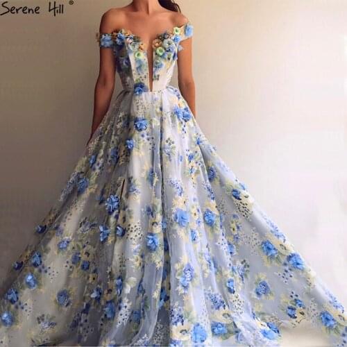 Serene Hill Romantic Blue Flowers New Designer Evening Dress 2020 Off Shoulder Fashion Sexy Beach Fromal Party Wear Gown CLA6660