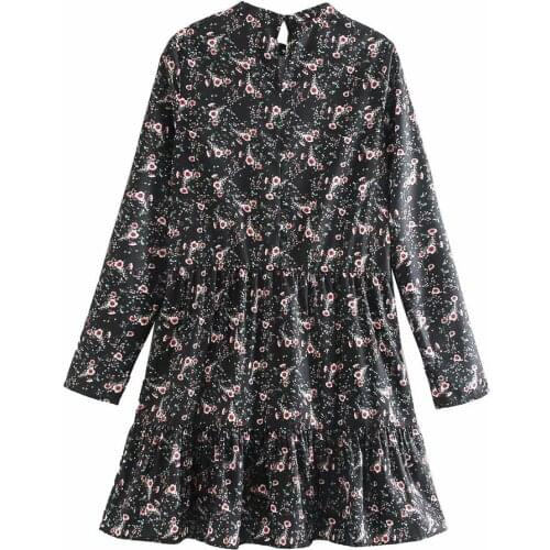 Casual women dress cascading ruffles floral print vestidos loose black mini dress women long sleeve ropa mujer