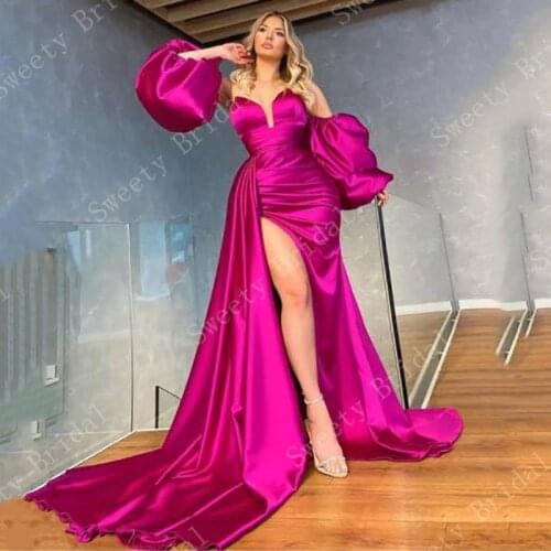 Hot Pink Puffy Sleeves Formal Evening Dress Mermaid Long High Side Split Prom Dress Sexy Dubai Celebrity Gowns 2021