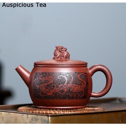 290ml Yixing Famous Purple Clay Teapots Carved Dragon Pattern Tea Pot Beauty Kettle Handmade Customized Zisha Tea Set Authentic