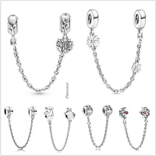 Original 925 Sterling Silver Daisy Flower With Crystal Safety Chain Charm Bead Fit Pandora Bracelet & Necklace Jewelry