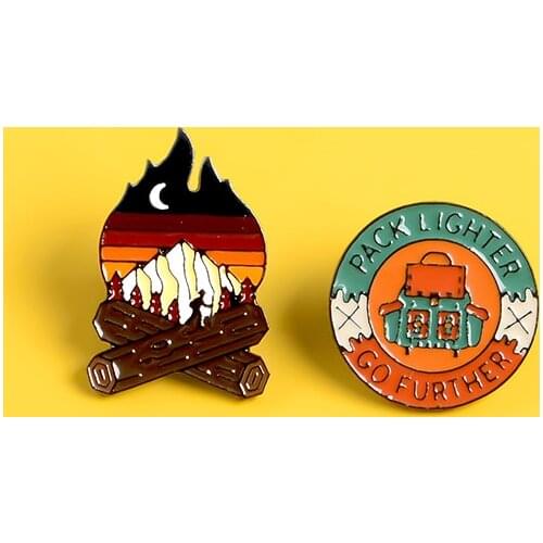 Camping explore enamel pin Bonfire backpack Round badge brooch Denim Clothes bag Lapel pin jewelry gift for Adventure lovers