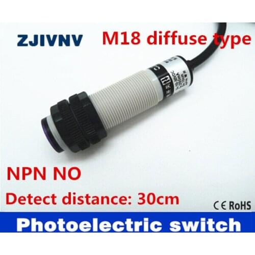 M18 diffuse reflection type NPN NO DC 3 wire photoelectric switch normally open sensor distance 5-30cm adjustable G18-3A30NA