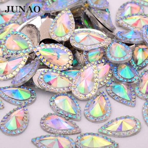 JUNAO 13*18mm 18*25mm Crystal AB Teardrop Rhinestones Applique Flaback Resin Gems Glue On Crystal Stones Decoration Strass