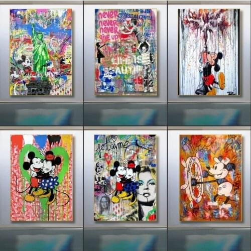 Graffiti Art Disney Mickey and Minnie Canvas Painting Street Love life Pop Art Poster and Print Wall Art Picture for Living Room