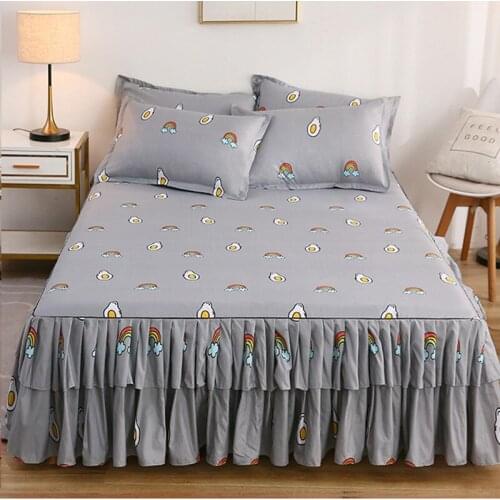 Cilected 3Pcs/Set Cotton Print Bed Skirt Ins Princess Style Cute Cartoon Bed Cover Student Dormitory Non-Slip Bed Sheet Decor