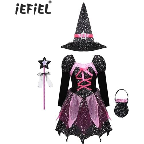 Kid Girls Witch Cosplay Dress Sparkly Silver Stars Dress Carnival Halloween Cosplay Costume Pointed Hat Wand Dress Up Clothes