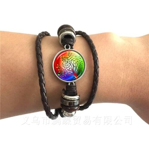 Lucky Black/Brown Leather Tree of Life Bracelet Rock Biker Bangle 20mm Dome Round Glass Cabochon Wonderful Gifts for Friends