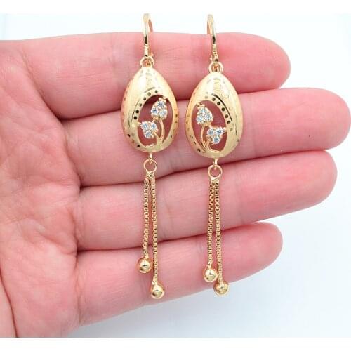 Gold Color Women Fashion Clear CZ Laser Stamped Leaves Water Drop Tassel Dangle Earrings Jewelry