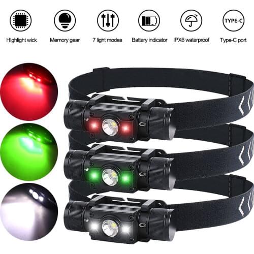 Green/White/Red Head Light 7 Lighting Modes Headlamp USB Rechargeable Work Light Outdoor Fishing Camping Torch