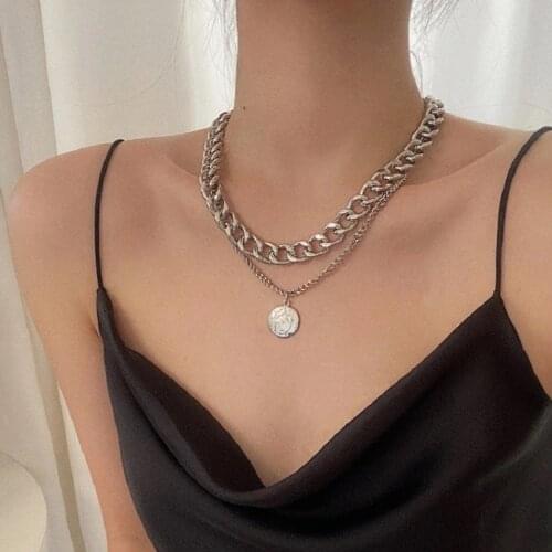 Punk Silver Color Double Layered Portrait Coins Pendant Necklace Collar Jewelry For Women Vintage Chunky Chain Choker Necklace