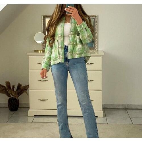 XEASY 2021 Tweed Women Fashion Vintage Green Plaid Jacket Female Loose Casual Lapel Tassel Decoration Single-Breasted Chic Top