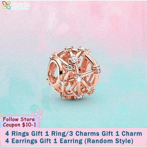 Smuxin 925 Sterling Silver Beads Rose Golden Openwork Star Constellations Charm fit Original Pandora Bracelets for Women Jewelry