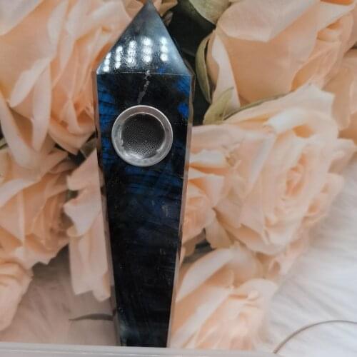Drop shipping shiny labradorite crystal wand smoke pipe Natural gemstone quartz point tobacc tube with metal mesh healing