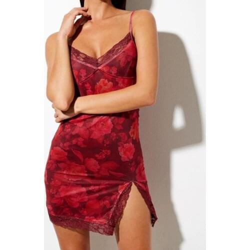 Sexy Retro Floral Print Mini Dress Bodycon Sleeveless Spaghetti Strap V Neck Lace Trim Cami Dress Women Club Party Night Clothes