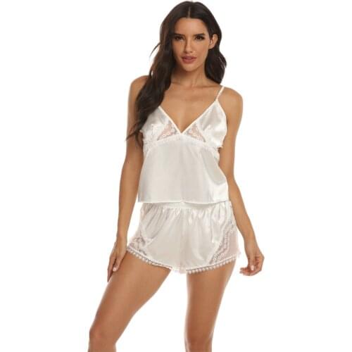 Sexy lace pajamas set satin sleepwear suit cut out cami top and short soft pijamas summer nightwear floral Chemise