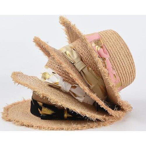 Womens Summer Hat Sun Protection Cap Female Flat Top Fringed Edge Wide Brim Hat Bow Ribbon Raffia Straw Hat Beach Hat Sun Hats