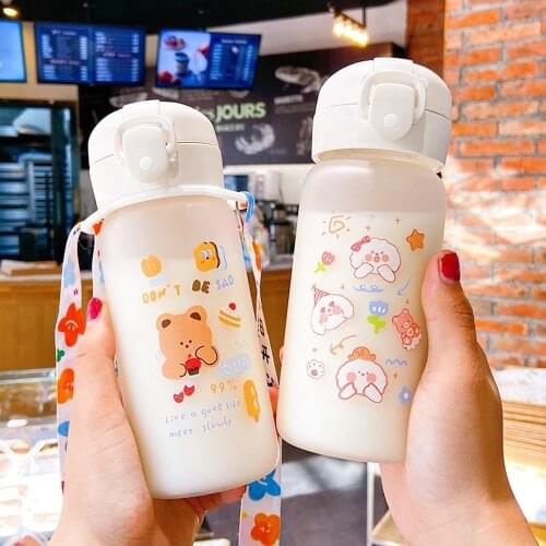 Glass Water Bottle With Straw Cute Bear Frosted Milk Water Bottles For Girl Kids Portable Leakproof Travel Drinking Cup