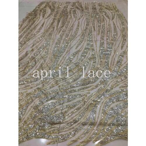 Stock 5 yards new bzh033 # champagne gold grid glued glitter mesh tulle lace fabric for sawing bridal wedding dress