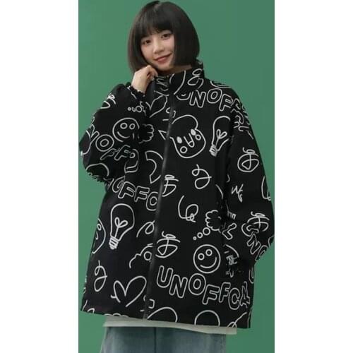 Harajuku Long Sleeve Black Vintage Streetwear Winter Autumn Clothes Anime Cartoon Print Zipper Hip Hop Women Reversible Jacket