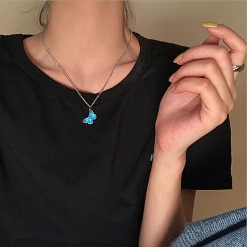 Vintage Blue Butterfly Pendant Necklace for Women Metal Chain Fashion Wild Punk Hip Hop Clavicle Chain Jewelry