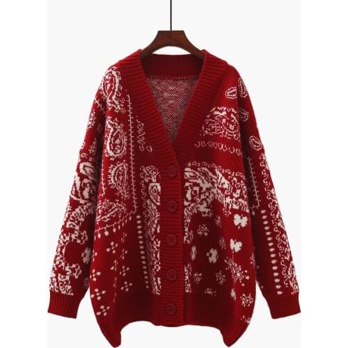 Vintage Thicken Warm Knitted Women Sweater Cardigan Long-Sleeved Red V-Neck Winter Female Outwear Coats Tops