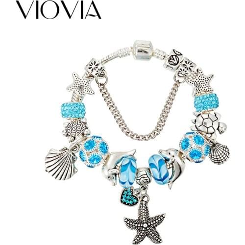 VIOVIA Hot Ocean Style Fish Blue Crystal Beads Bracelets Starfish Tortoise Women Charm Bracelets & Bangles DIY Jewelry B17061