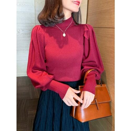 Half High Collar Knitted Top Womens New Winter Red Retro Style Slim Fitting Lantern Sleeve Sweater